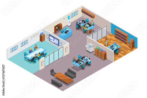 Business Office Isometric Interior Vector Illustration