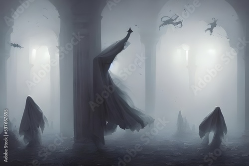 A group of ghosts gathered around a table in a dark room, laughing and talking. Their eyes glowed orange in the darkness, and their mouths were open wide, showing sharp teeth.