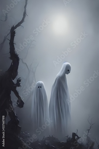 The Halloween scary ghosts are floating around in the dark night sky. Their spooky white eyes are staring at me and their mouths are open wide, showing their sharp teeth. I'm standing on the ground wi © dreamyart