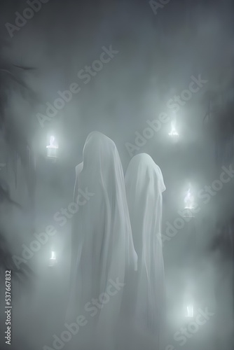 There are three ghosts in the picture and they look very scary. They have black eyes and long, pointy noses. Their mouths are open wide and their teeth are sharp. They're wearing dirty, torn clothes a