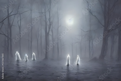 There are three ghosts in the picture. They are white and have black eyes. Their mouths are open and they have long, skinny arms.