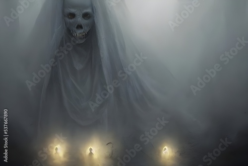 There are three ghosts in the picture. They look very scary and they seem to be floating in the air.