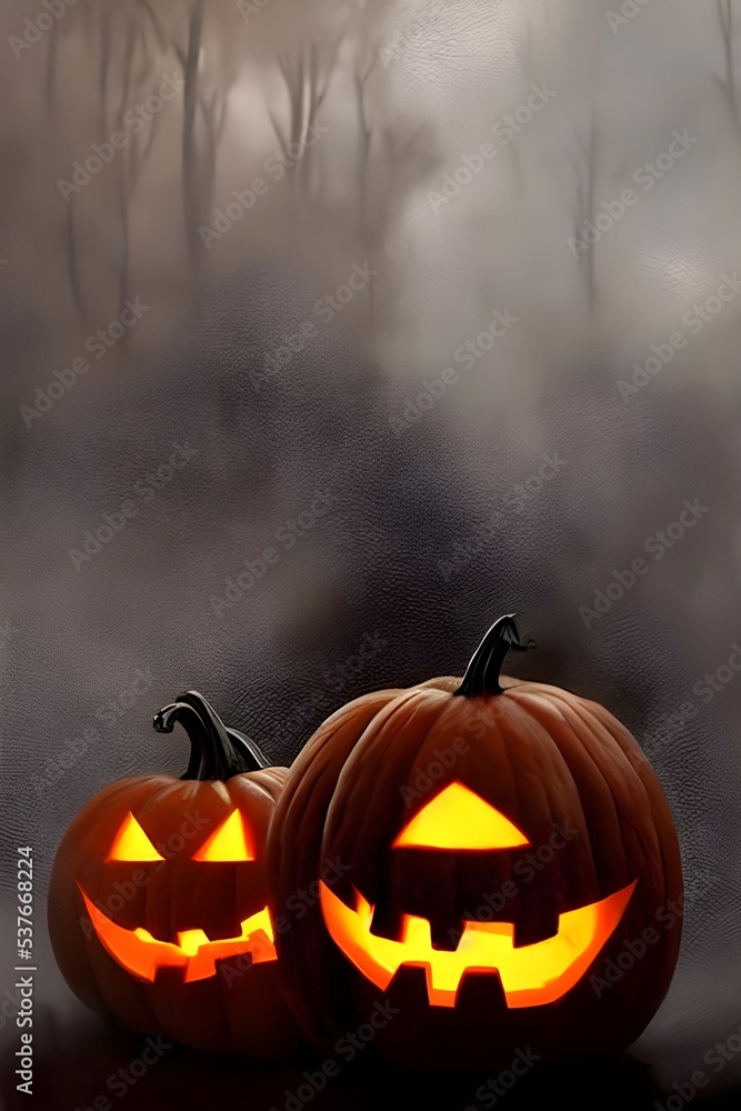 Naklejka premium It's Halloween, and these pumpkins are looking pretty scary! Their big, orange faces are either smiling wickedly or frowning ominously, and their green leaves look like they're ready to pounce. Beware