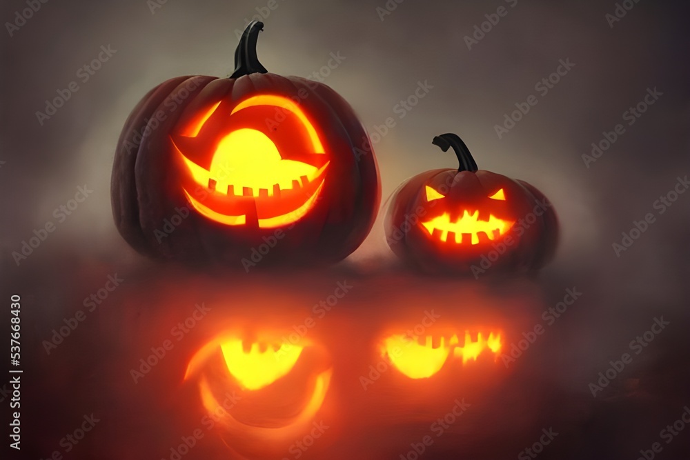 Fototapeta premium The Halloween scary pumpkins are sitting on the front porch, waiting to scare the trick-or-treaters. They have mean faces and sharp teeth, and they're eager to jump out and frighten anyone who comes n