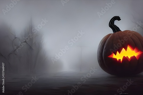 A pumpkin carved with a frighteningface leers at passersby, its toothless mouth open in a silent scream. gloomy shadows stretch across the ground, and an eerie silence permeates the air.