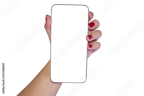 hand holding smatphone to selfie with transparent background	