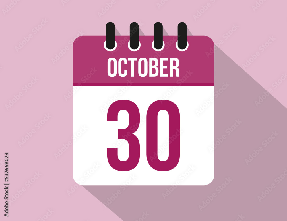 30 day October calendar. Calendar vector for October in pink color on