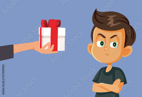 Ungrateful Boy Refusing a Gift Vector Cartoon Illustration. Parent rewarding negative bad behavior 
