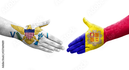 Handshake between Andorra and Virgin Islands flags painted on hands  isolated transparent image.