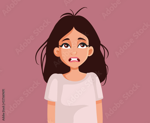 Stressed Woman Having a Bad Hair Day Vector Cartoon Illustration. Unhappy girl with unbrushed hairstyle looking disheveled and negligent

