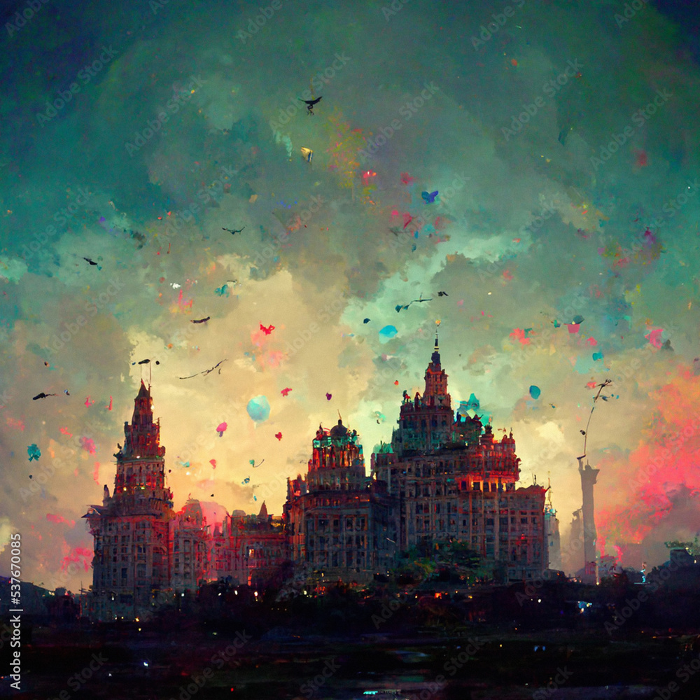 city skyline at sunset, in celebration with balloons floating into the air, oil painting