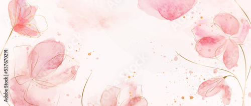 Abstract floral art background in pink colors with golden elements. Botanical watercolor banner for wallpaper design, decor, print, interior design, textile.