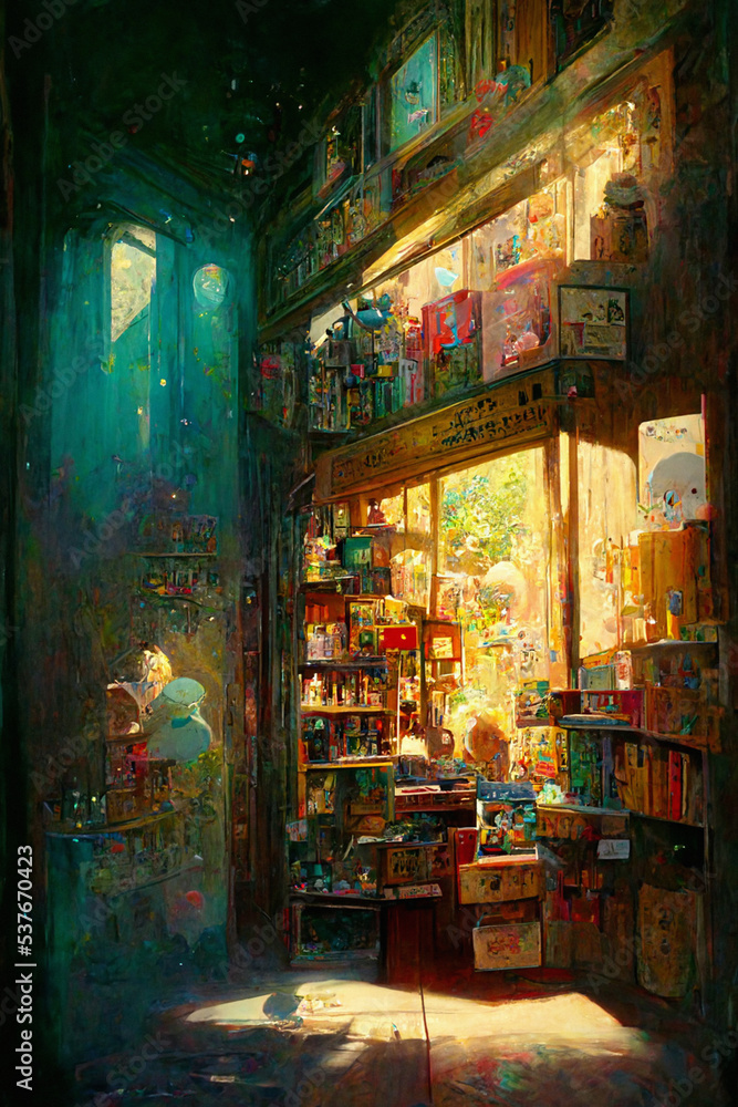 Naklejka premium Bookshop in a science fiction alien world. painting in oils, illustration