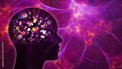 Pills and capsules in human brain head silhouette with neural activity background. Images also available separately - search for 536024681 and 454729415.