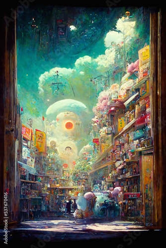 Bookshop in a science fiction alien world. painting in oils, illustration