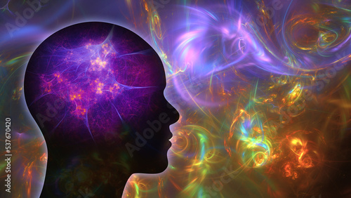 Fractal art and human brain head silhouette. Fractal images also available separately - search for 461846623 and 454729415. Neural activity, imagination, meditation, mental health.