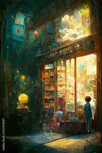 Bookshop in a science fiction alien world. painting in oils, illustration