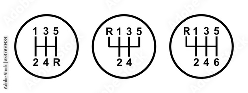 Gear transmission vector isolated on white background. Gearbox icon.Six speed manual gear shift icon.five speed gear. Automotive parts.