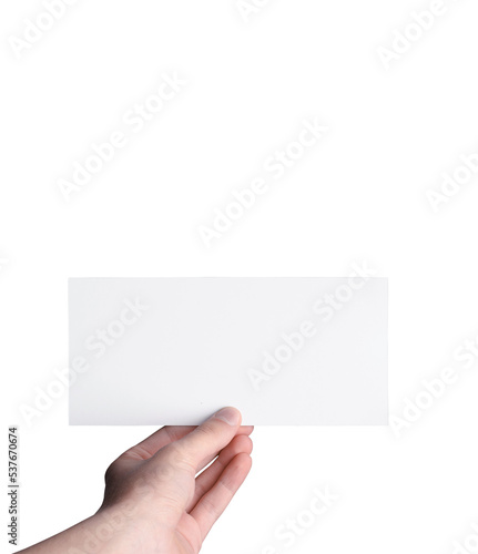 hand holding blank voucher card on transparent background
