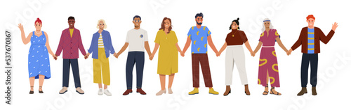 Group of different people holding hands. Happy smiling men and women stand together. Unity, friendship and community. Support and help. Cartoon flat vector illustration isolated on white background