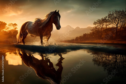 A beautiful amazing chestnut brown horse runs on the water. Mystical portrait of an elegant stallion. Reflection of a white horse in the water. 3d render