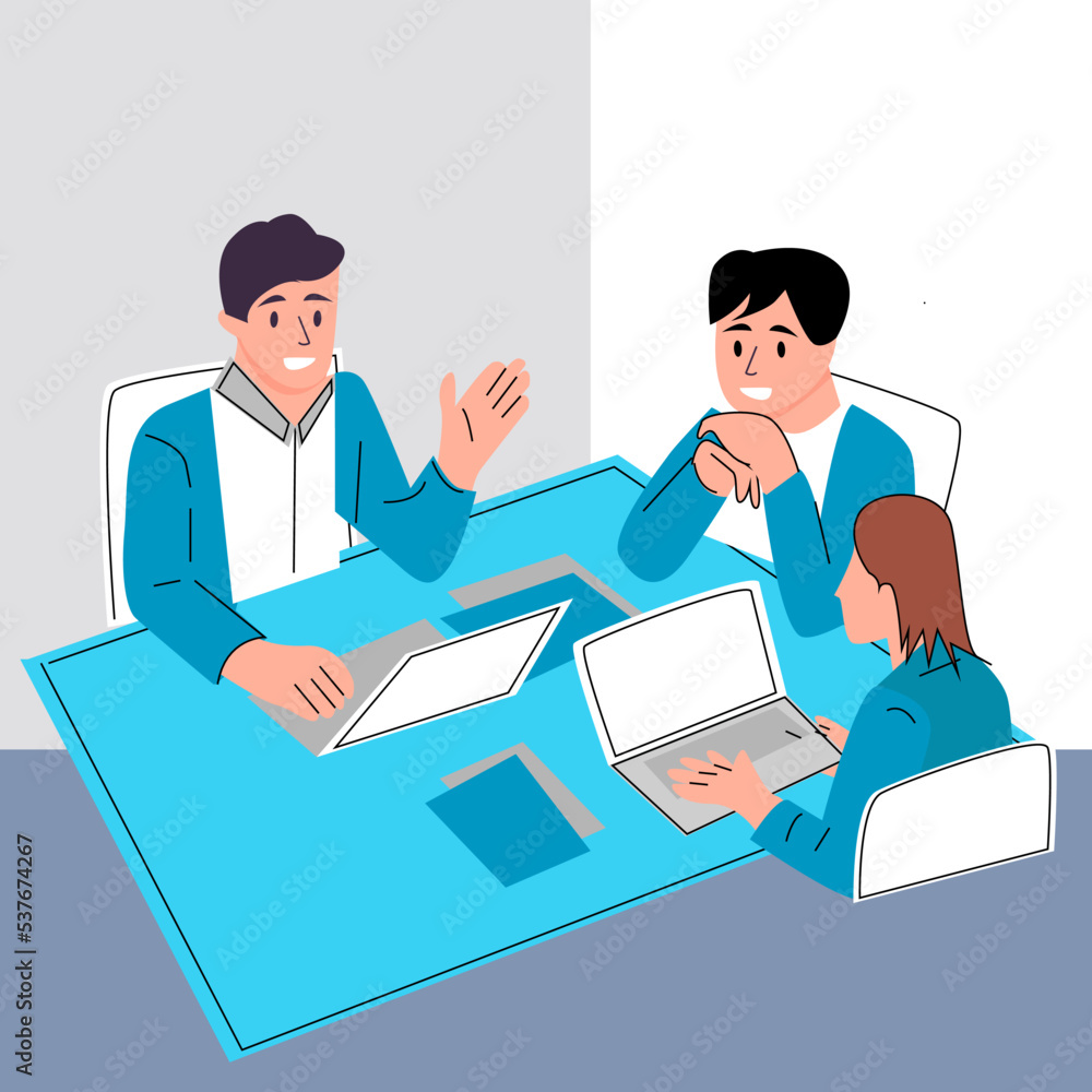 Office people meeting teamwork coworking. Communication and brainstorming. Colored flat illustration. Isolated with laptop on table