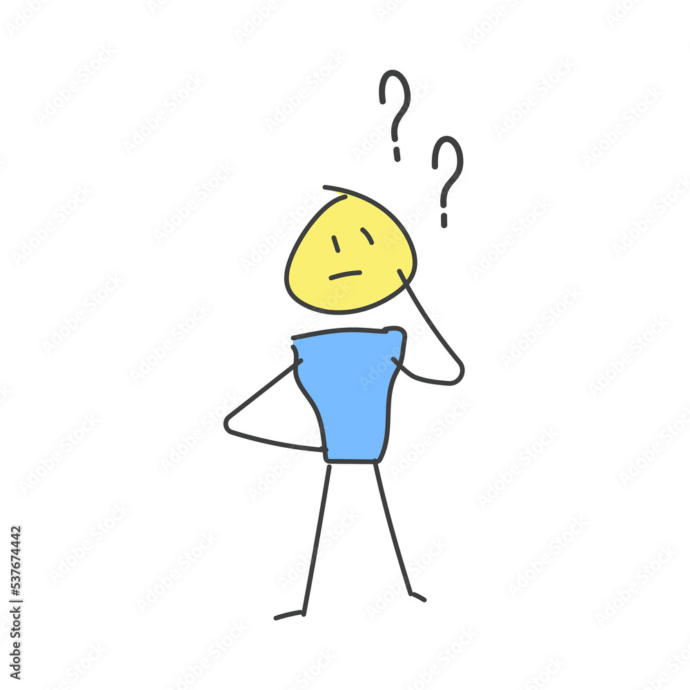 Fototapeta premium Little character thinking under question marks. Doubts and questions concepts. Problem solving. Vector doodle illustration