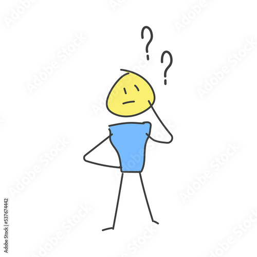 Little character thinking under question marks. Doubts and questions concepts. Problem solving. Vector doodle illustration