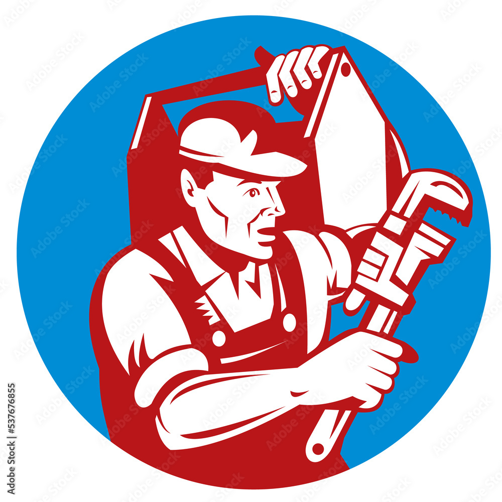 illustration of a Plumber with monkey wrench and carrying toolbox