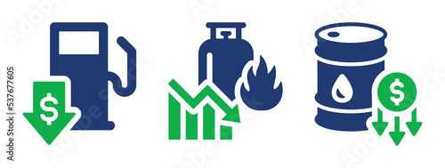 Fuel or gas price decrease icon set. Oil price down icon collection.