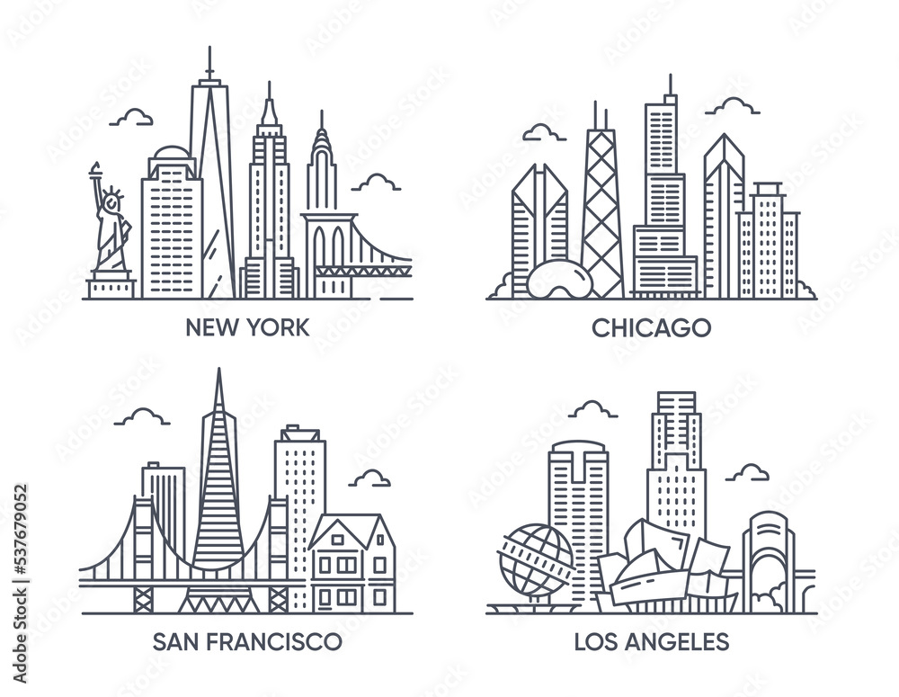 Fototapeta premium Set of linear icons of USA cities. New York, Chicago, Los Angeles, San Francisco. Sketches of popular cities in United States of America. Cartoon simple vector collection isolated on white background