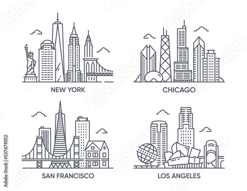Set of linear icons of USA cities. New York, Chicago, Los Angeles, San Francisco. Sketches of popular cities in United States of America. Cartoon simple vector collection isolated on white background #537679052