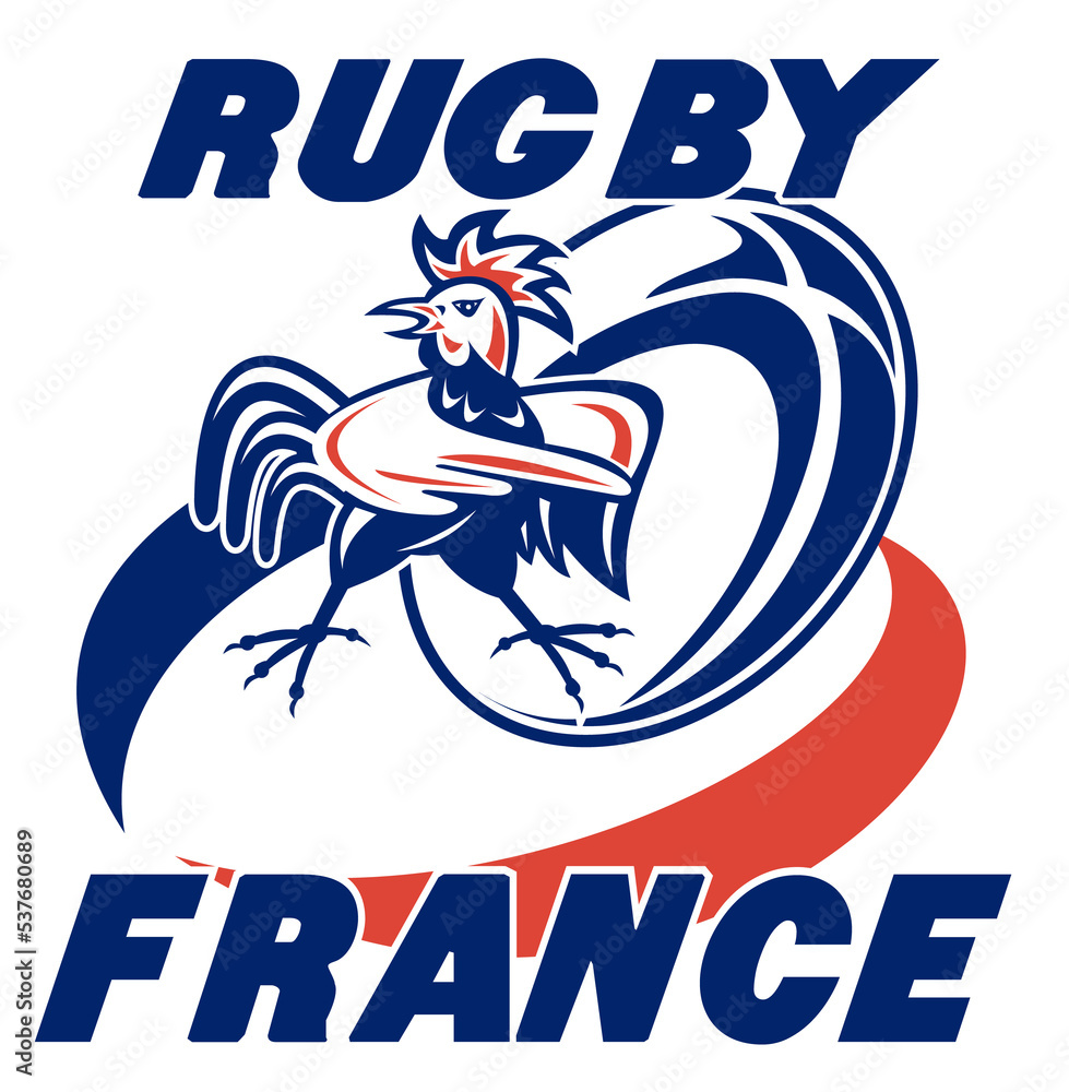 illustration of a rugby ball and french rooster cockerel with words 