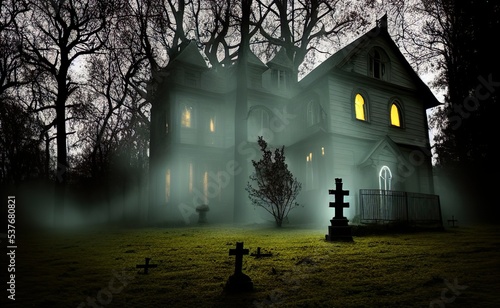 Wallpaper Mural halloween background, digital illustration of  victorian haunted house  with candlelight in the window in a dense spooky forest  Torontodigital.ca