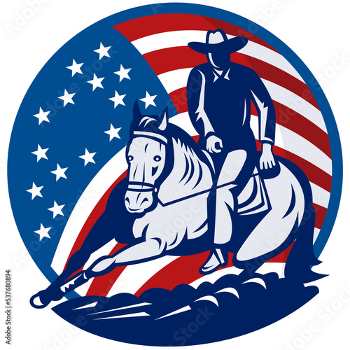 illustration of a Rodeo cowboy horse cutting stars and stripes in the background