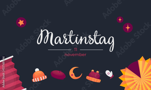 Martinstag holiday greeting card. Saint Martin's day celebrating poster. Paper lantern, hat, mitten. Hold on 11 november in Germany and Netherlands.