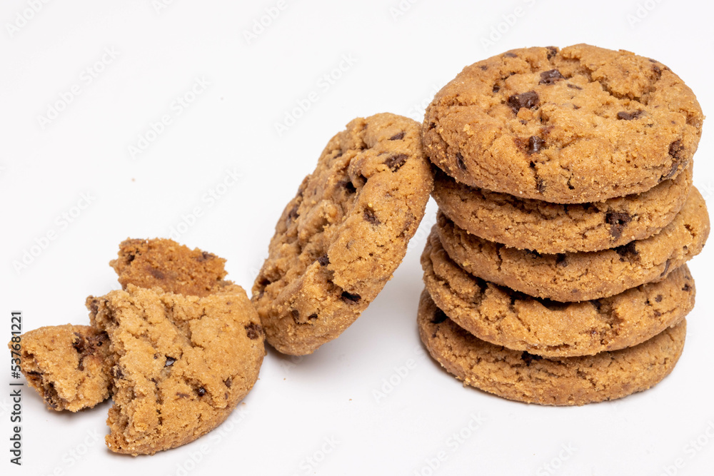 Chocolate chip cookies isolated on white background, Homemad cookies close up. Chocolate chip cookies isolated on white background, Homemad cookies close up.