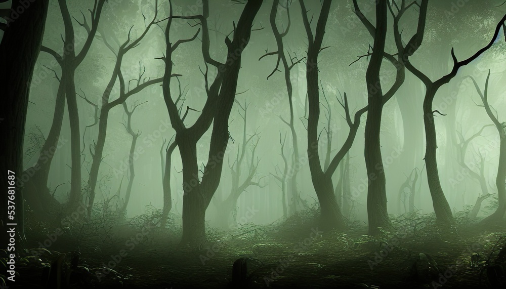 Naklejka premium halloween background, digital illustration of dense spooky forest 