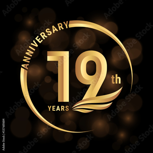 19th Anniversary Logo, Logo design with gold color wings for poster, banner, brochure, magazine, web, booklet, invitation or greeting card. Vector illustration