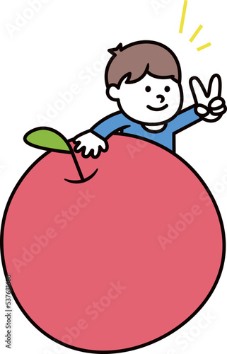 ピースをしている男の子とりんごの吹き出しのイラスト素材