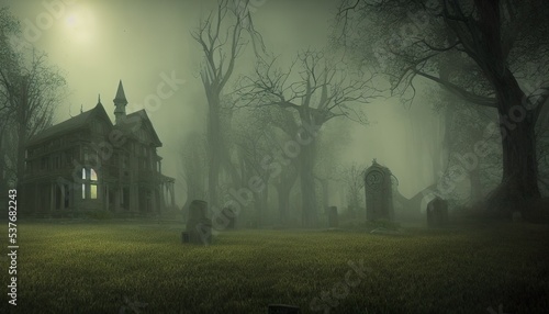 halloween background, digital illustration of  victorian haunted house  with candlelight in the window in a dense spooky forest 