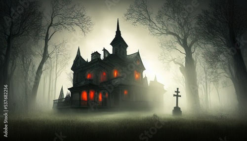 halloween background, digital illustration of victorian haunted house with candlelight in the window in a dense spooky forest 