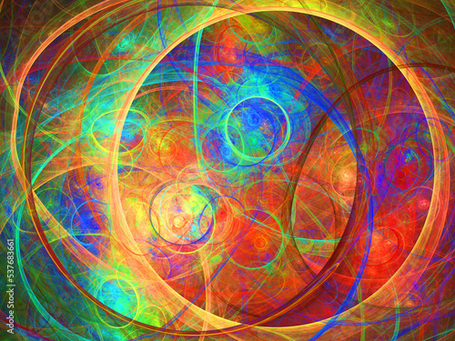 Imagen de arte digital fantástico compuesta de trazos circulares envolventes en colores cálidos y sobre fondo negro mostrando algo con aspecto de ser trayectorias entrelazadas de asteroides extraviado
