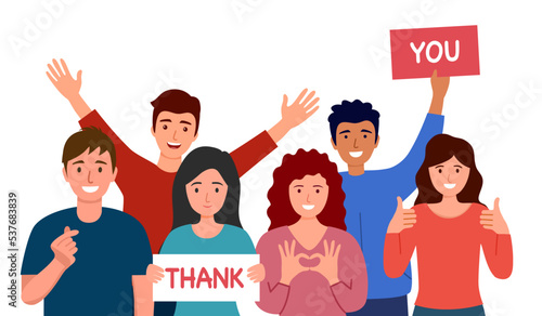 People show thank you and love message via hand gesturing and text sign in flat design.
