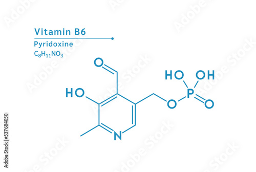 Vitamin B6 structural blue outline chemical formula. Medical and scientific concepts. Isolated on white background. Vector EPS10 illustration