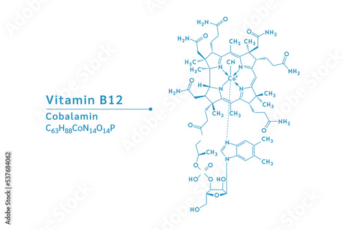 Vitamin B12 structural blue outline chemical formula. Medical and scientific concepts. Isolated on white background. Vector EPS10 illustration