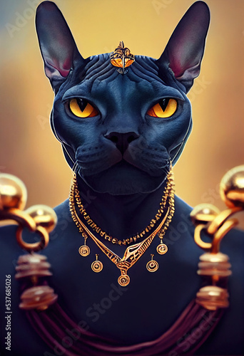 Fantasy Portrait of a Black Sphinx Warrior Cat 