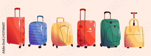 Baggage vector set in cartoon style. Isolated plastic and fabric travel bags hand drawn illustration for tourism, journey concept