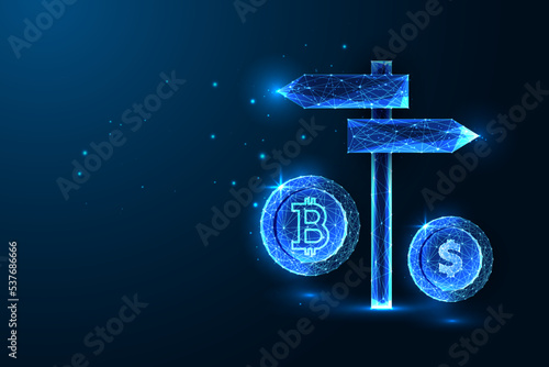 Futuristic concept of investment choice between cryptocurrency and stocks on dark blue background