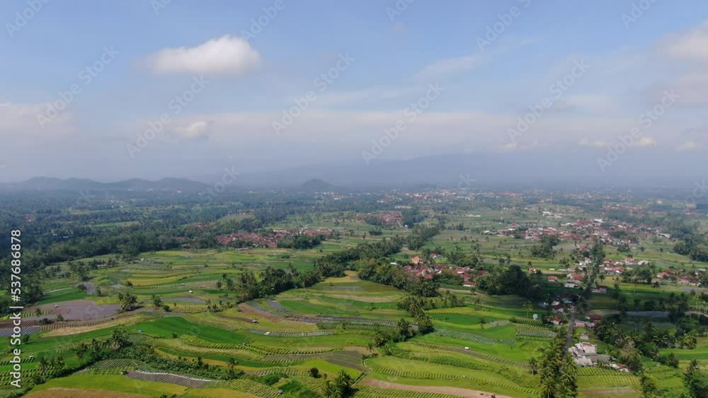 Majestic landscape of rice fields and small township in Indonesia, aerial view Majestic landscape of rice fields and small township in Indonesia, aerial view